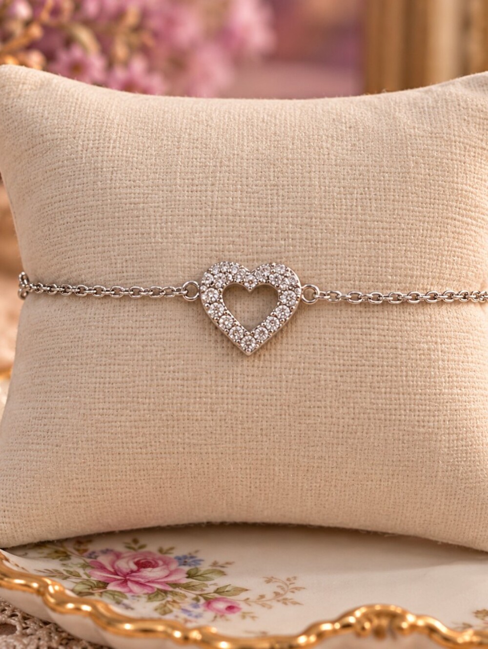 ♥️✨️Silver Heart Pavé Pendant Bracelet - Sparkling Silver Heart Charm